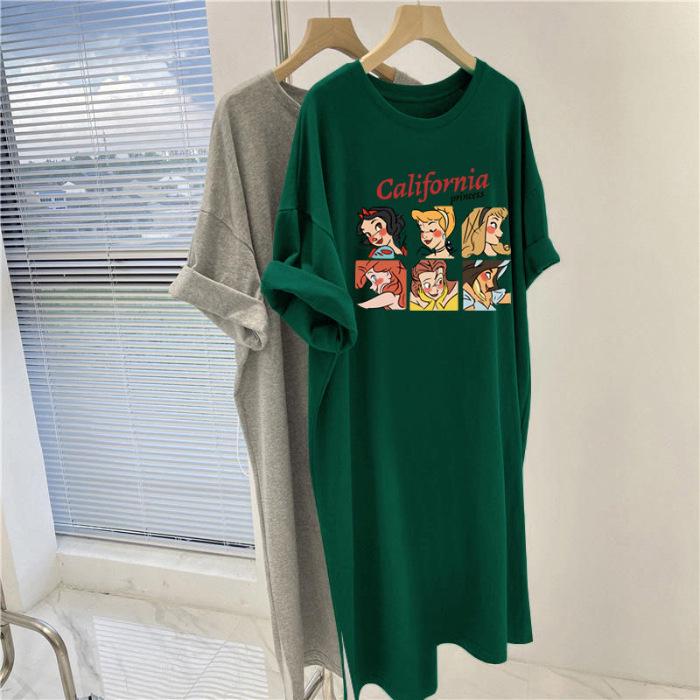 

Корейська літня футболка-сукня великого розміру з мультяшним принтом до коліна для жінок 4XL зелений