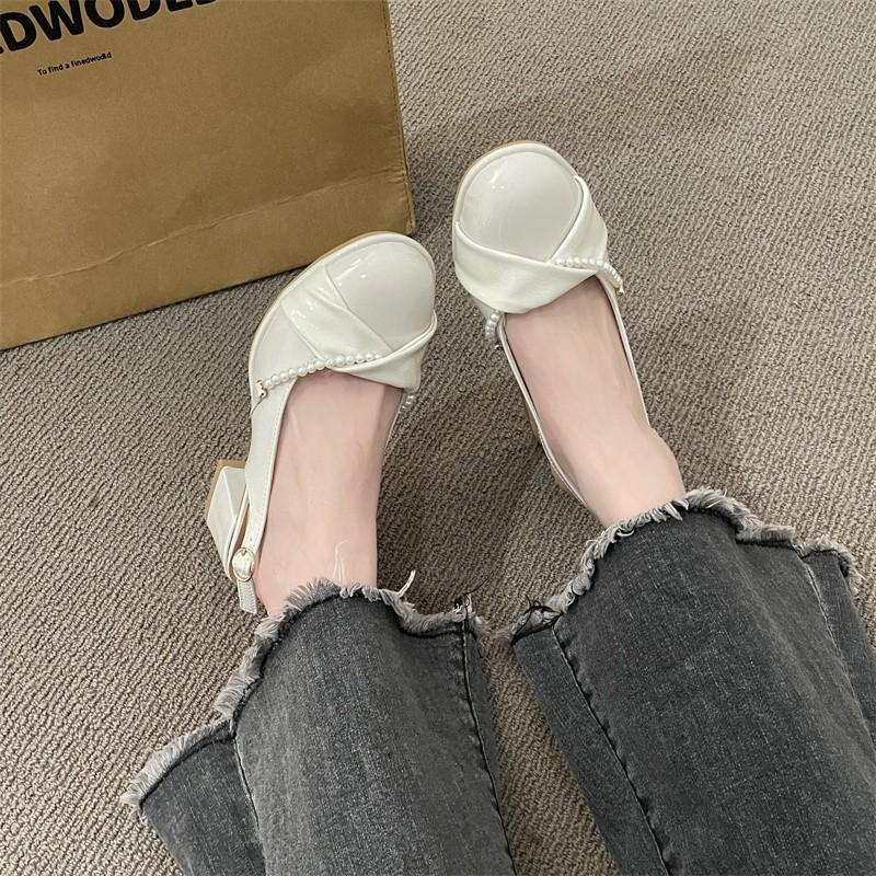 

2024 Новые женские туфли на высоком каблуке Модные роскошные босоножки Мэри Джейн на толстом каблуке с жемчугом Обувь для женщин Sandalias De Mujer 35