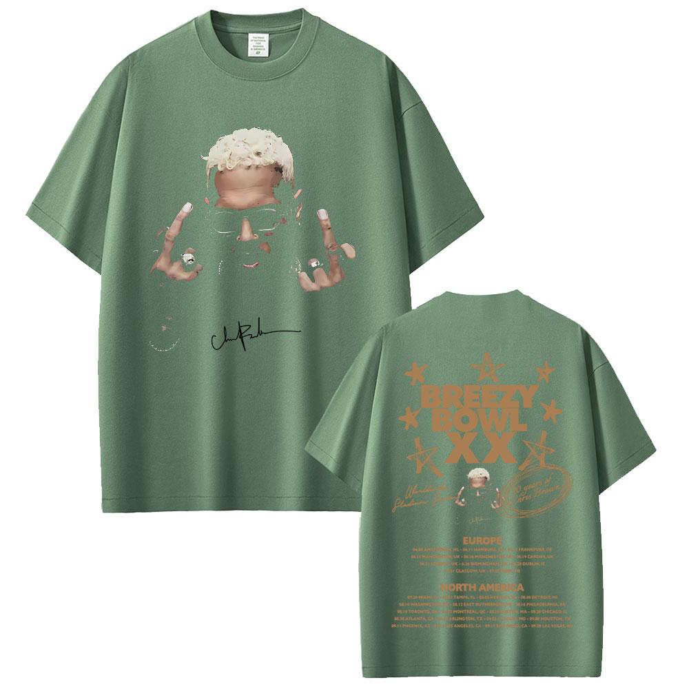 Rapper Chris Brown Face Graphic T-shirts Breezy Bowl XX Tour 2025 T-shirt Summer Unisex Women Hip Hop Fashion Pop Music T Shirts