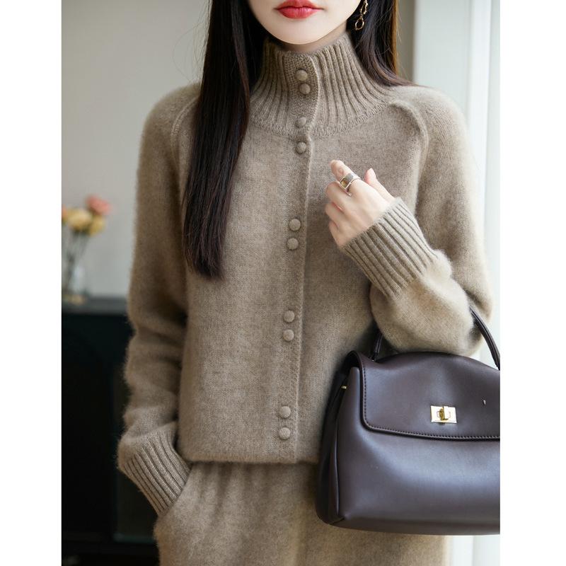 Women's Solid Color Wool Cardigan - High Neck, Long Sleeve, Loose Fit Sweater
