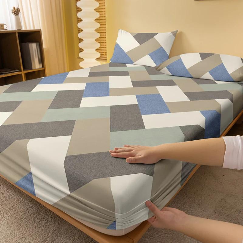 Simple 1 Modern Rectangular Geometry Printed Matte Fitted Sheet, Bedroom Printed Bed Cover, Bedding Excluding Pillowcases