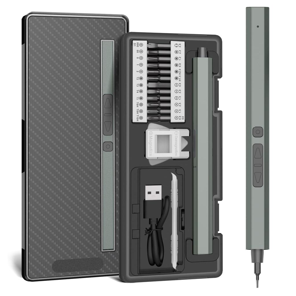 AMZDIGI Electric Precision Screwdriver Maximum Forward and Reverse LED for DIY Repair Tools 30-in-1 Set, 2-Level Torque, 3N.m, Pen-Shaped, Pop-Up