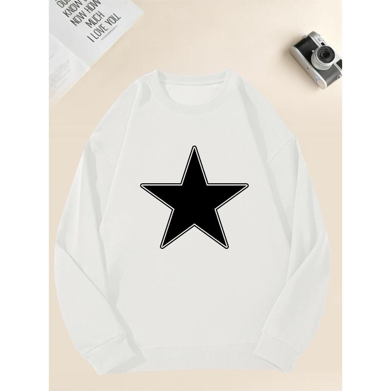 Men's Oversized Black & White Star Print Sweatshirt Loose Fit Long Sleeve Pullover, Machine Washable for Casual Attire (Black) - Layering Essential