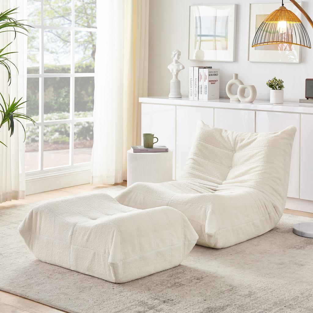 Lazy sofa with backrest and footstool, soft teddy fur bean bag floor reading chair, comfortable for living room, bedroom, study, apartment, Beige