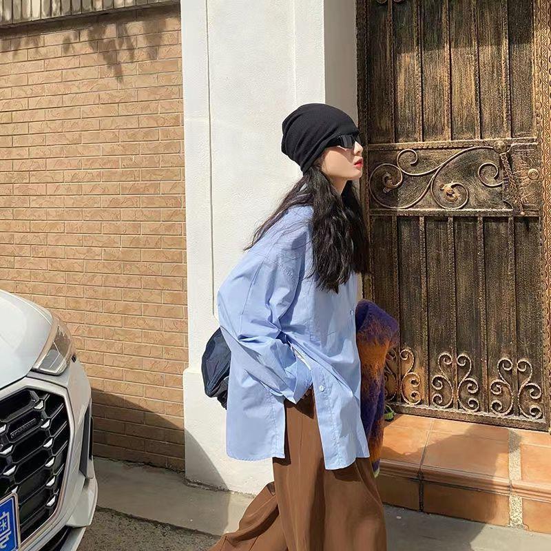 2024 Spring/Autumn Women's Loose Slit Long Sleeve White Shirt - College Style