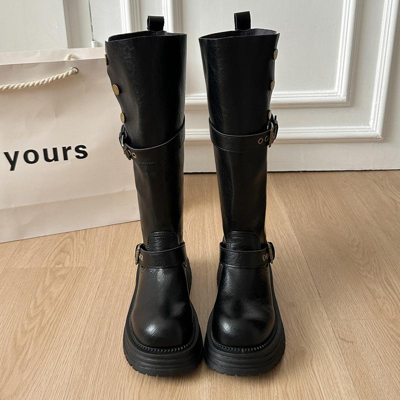 Retro thick-heeled thick-soled boots for women's 2025 autumn and winter new boots, tall and thin belt buckle British knight boots