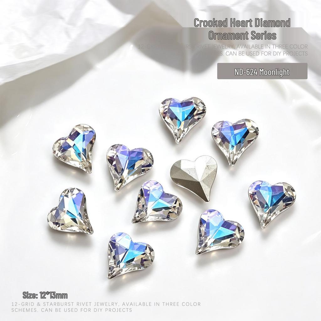 "10-Piece Heart-Shaped Nail Art Accessories with Pointed Bottom Transparent and Colorful Diamonds"