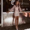 Spring Women'S Clothing Temperament Fashion Sequined Lantern Sleeve Round Neck Sexy Hip Wrap Dress