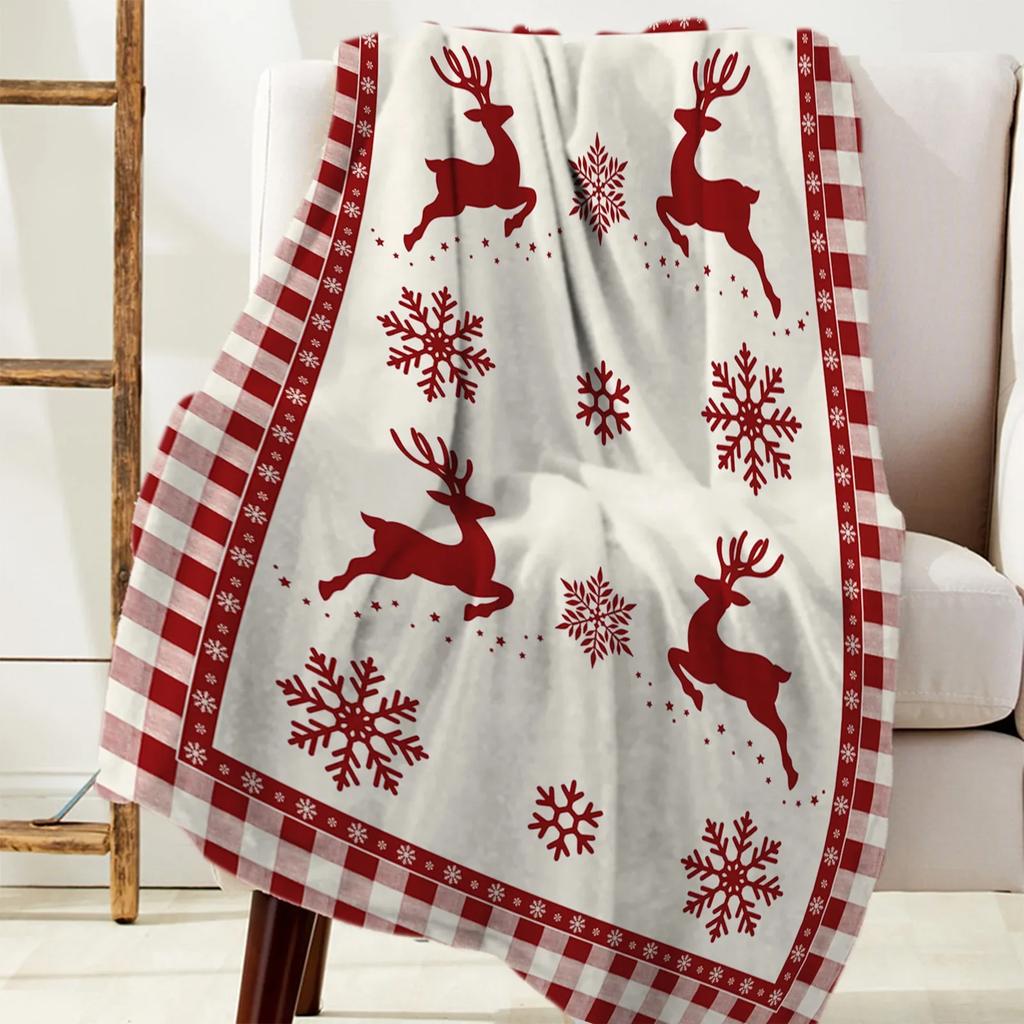 Christmas Snowflake Elk Plaid Throw Blanket for Sofa Christmas Decoration Bedspread Portable Microfiber Flannel Blanket
