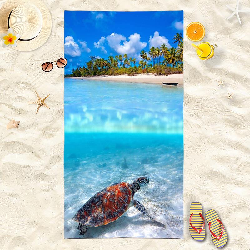 School of Fish Sea Turtle Beach Towel, Blue Ocean Print Quick-Dry Towel