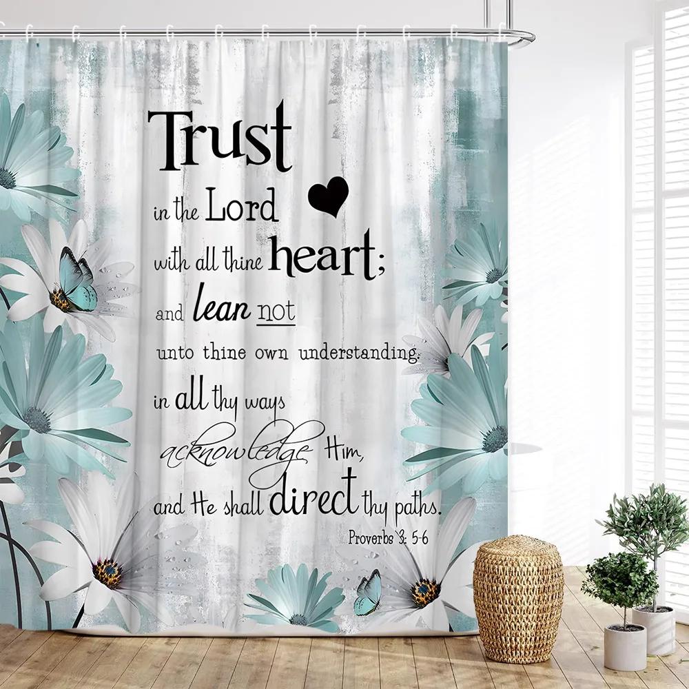 Floral Shower Curtain, Farm Daisy Dragonfly Rustic Wood Paneling Inspirational Quotes Butterfly Turquoise Home Bathroom Decor