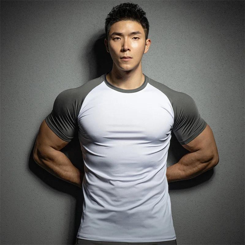 Sommer Freizeit Lauf-T-Shirt Fitnessstudio Trainings-Tops Elastisch Schnelltrocknend Einfarbig Kurzarm Sport T-Shirt Herren Sportbekleidung