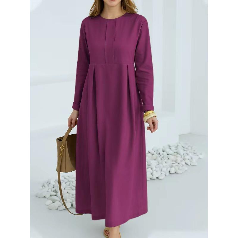 JPNTKY Fashion Autumn Winter Solid Color Print Long Sleeve O-Neck Casual Dresses