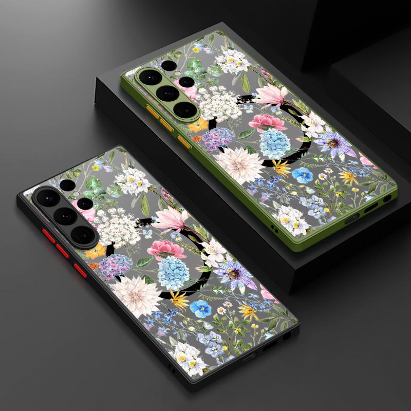 

Роскошный цветочный принт прозрачный беспроводной зарядный чехол для телефона Samsung S24 S23 Ultra S22 Plus S21 S20 FE матовый противоударный чехол-бампер с магнитным креплением Magsafe Samsung S24 чёрный