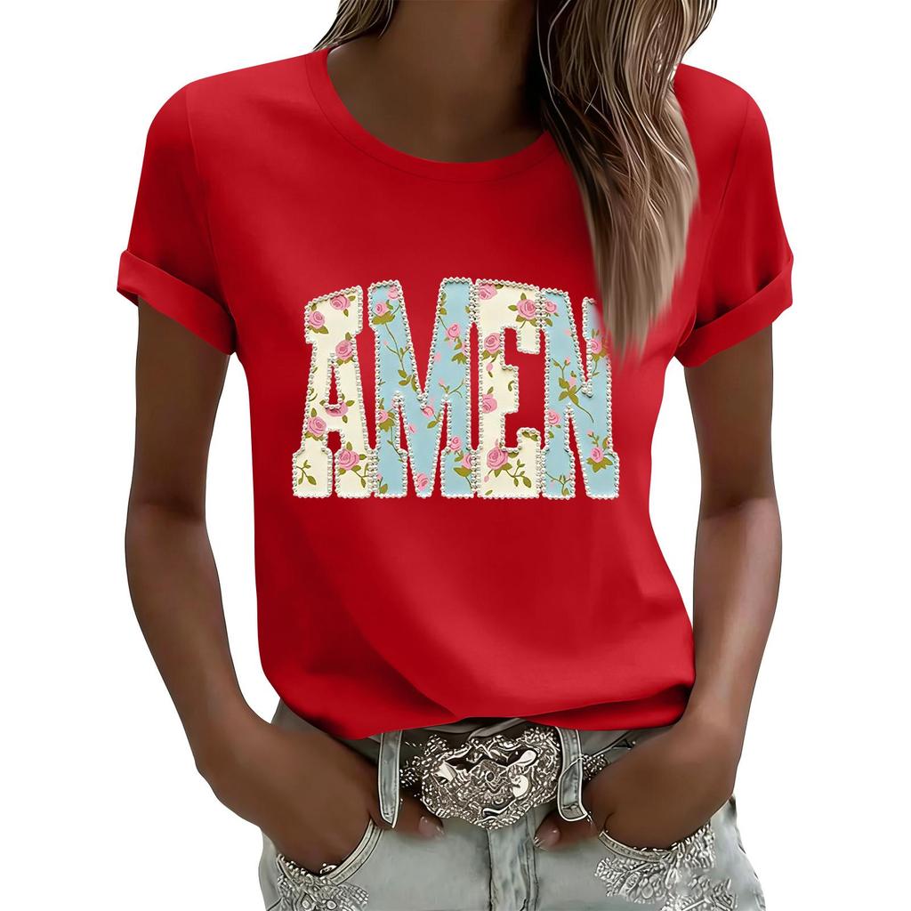 Women's Casual Printed T-Shirt Round Neck Pullover Short Sleeve Top