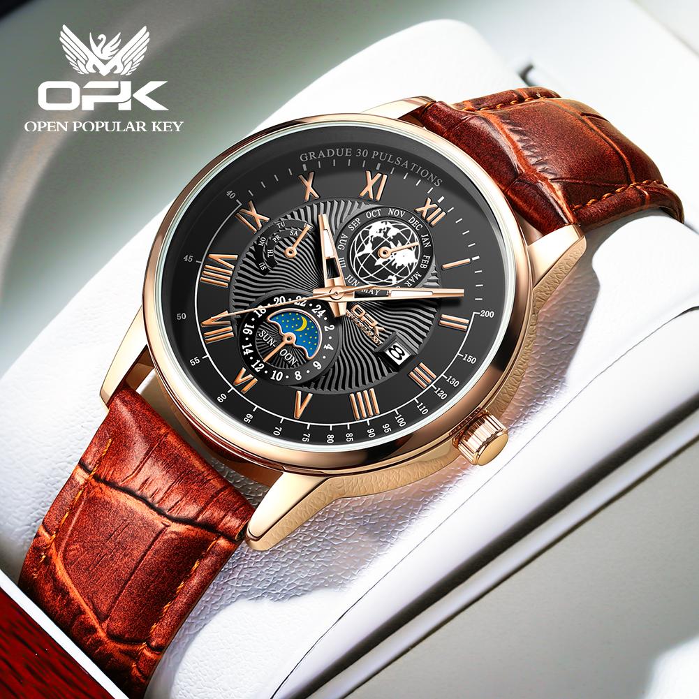 OPK 8153 Fashion Business Men's Quartz Wristwatch Luminous 24 Hour Moon Phase Leather Strap Waterproof Man Watch Luxury