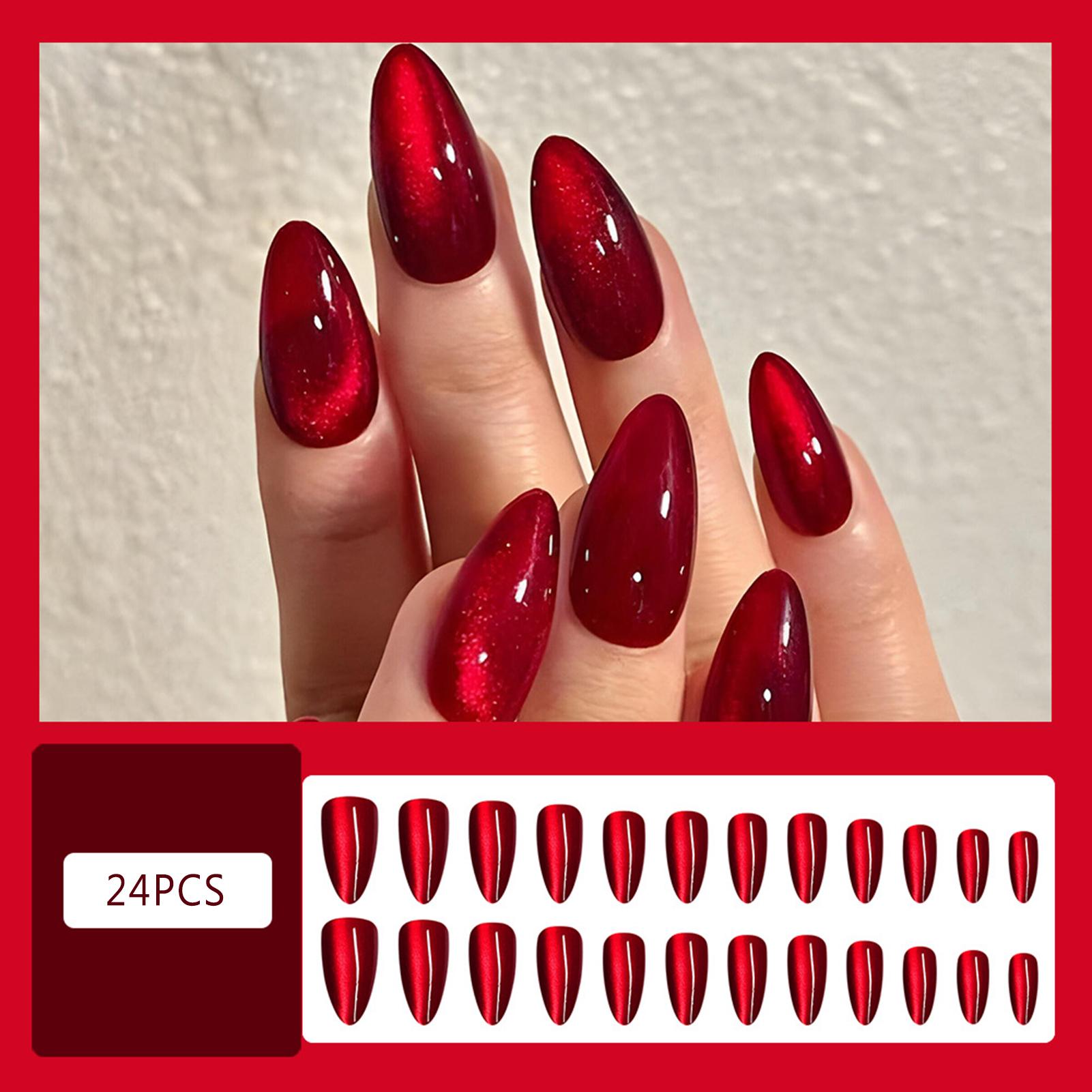 Cherry Red Cat Eyes Artificial Nails Finger Natural Unbreakable Nail Simple Wear for Women Nail Art Decoration A