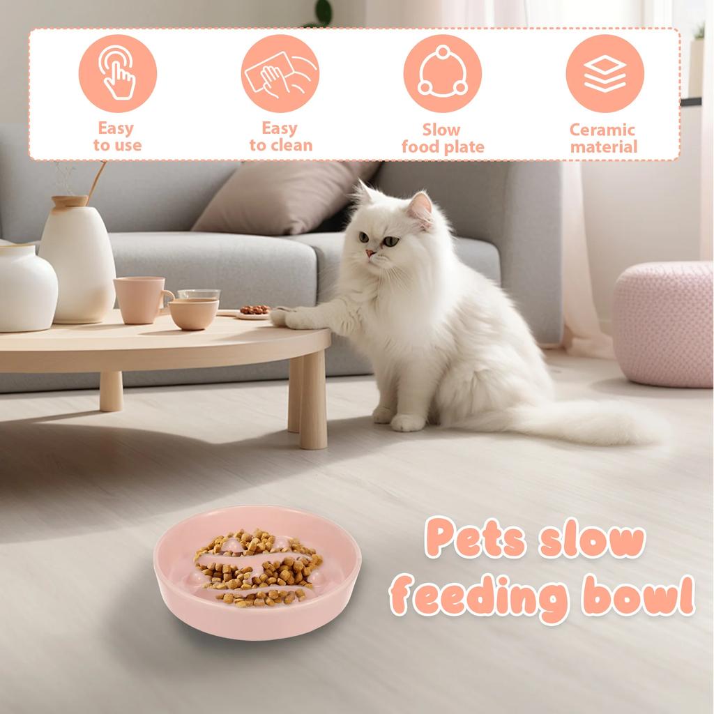 2Pcs Cat Dog Slow Feeder Bowl Ceramic Pet Food Bowl Cat Dish with Nonslip Bottom for Kitten Puppy Pet Feeding Watering Supplies