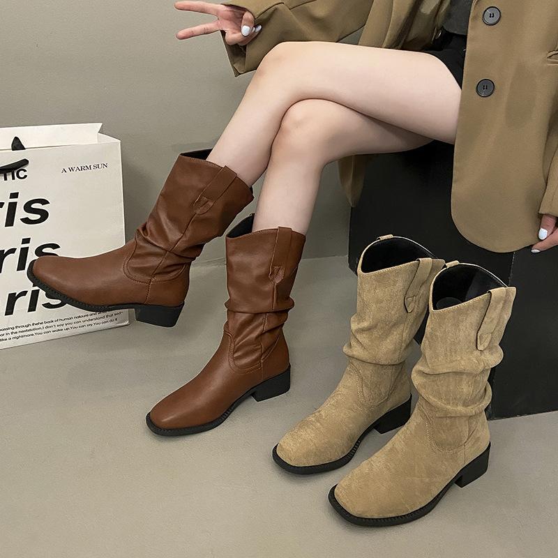 Retro Western Cowboy Boots Women's Autumn and Summer 2025 New Medium Boots Sleeve Stacking Boots Coarse Heel Versatile Martin Boots