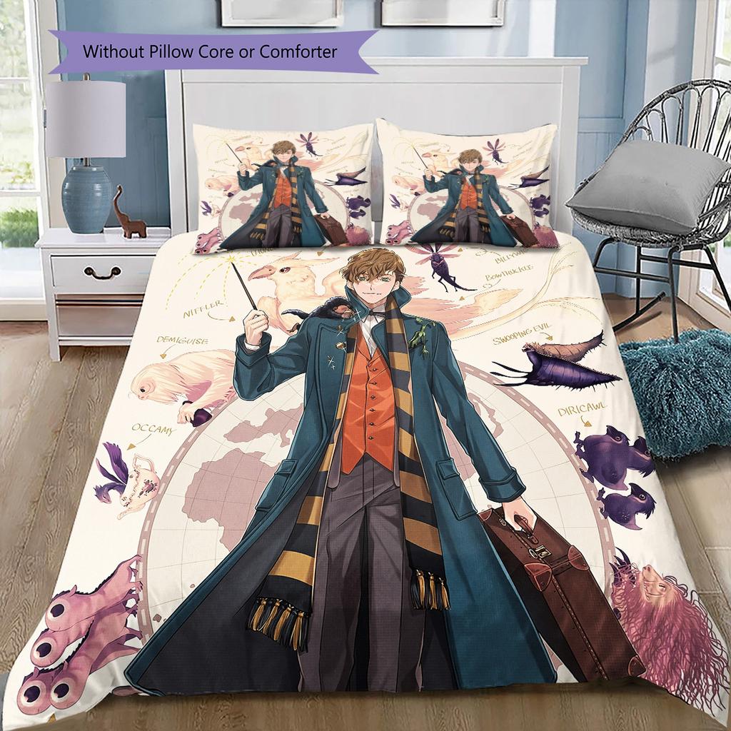 Fantastic Beasts Wizards Bedding Set, 1 Duvet Cover & 2 Pillowcases, Home Bedroom, Great Gift for Magic Fans