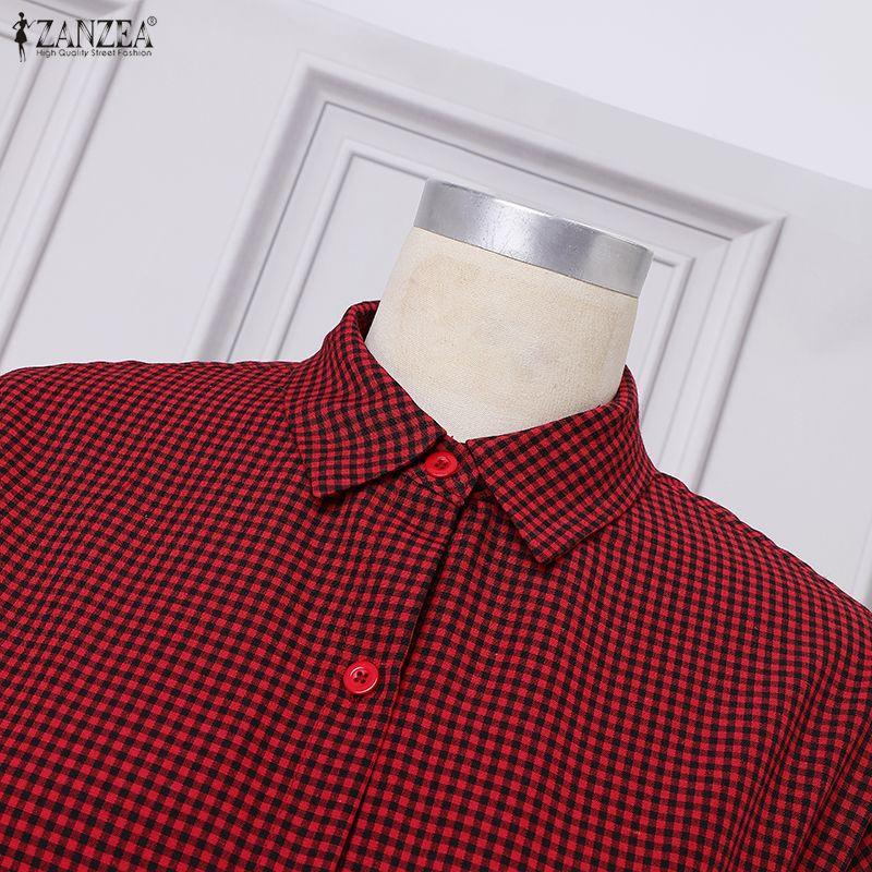 ZANZEA Damen Karoprint Freizeitbluse mit Umlegekragen, 3/4-Ärmel