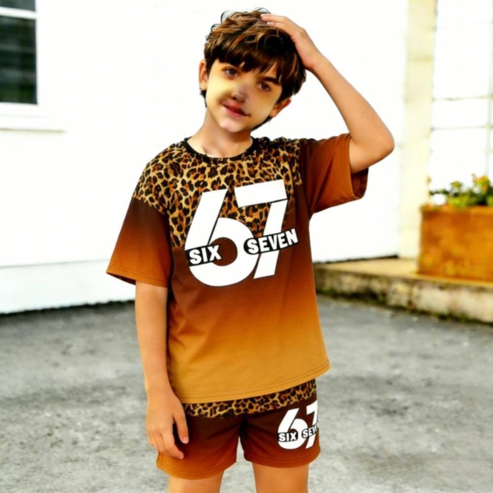 Fashion 67 Leopard Colorful Gradient Printed Kids T-shirt and Shorts 2 Piece Set Summer Casual Outfit for Boy's and Girl's Kids Clothing Top