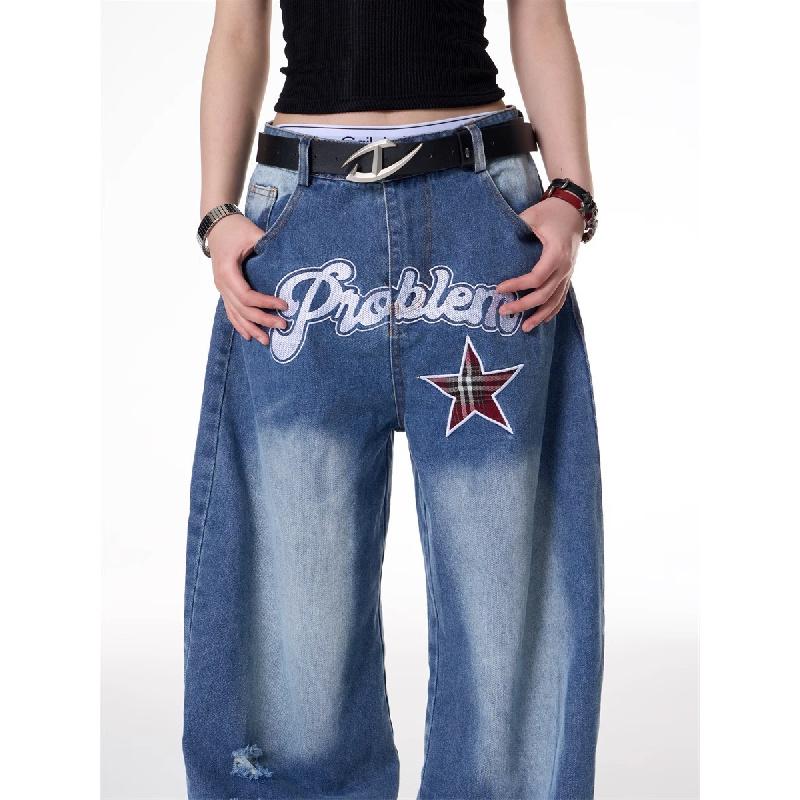 New letter and star embroidered gradient wide-leg jeans for women, loose, casual, versatile, textured, floor-length pants
