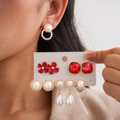Ten-piece Set of Diamond-encrusted Imitation Pearl Flower Round Square Water Drop Silver Needle Earrings Light Luxury Earrings 