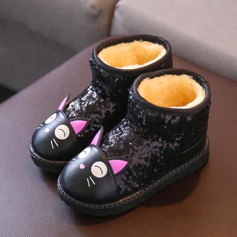 

Зимние непромокаемые хлопковые сапоги, нескользящие плюшевые полусапожки для девочек, детские зимние сапоги с мультяшными пайетками 21 чёрный