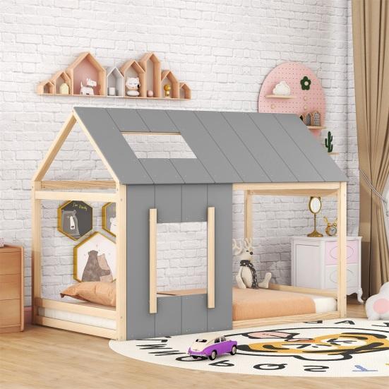 Toy Room Ergonomic Design Baby Bed with Roof Window Strong Infant Load Bearing House Shape Cot Bedroom Furniture Children