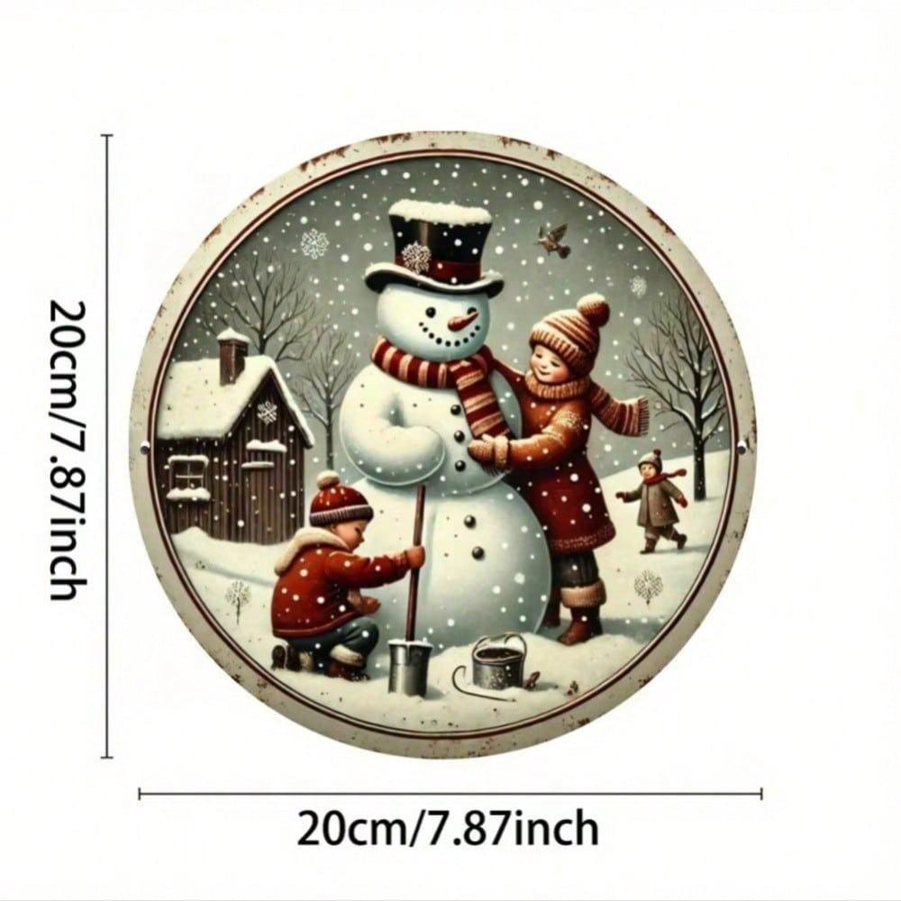 Vintage Snowman Family Metal Round Wall Sign Rustic Christmas Wreath Decor Farmhouse Kitchen Living Room