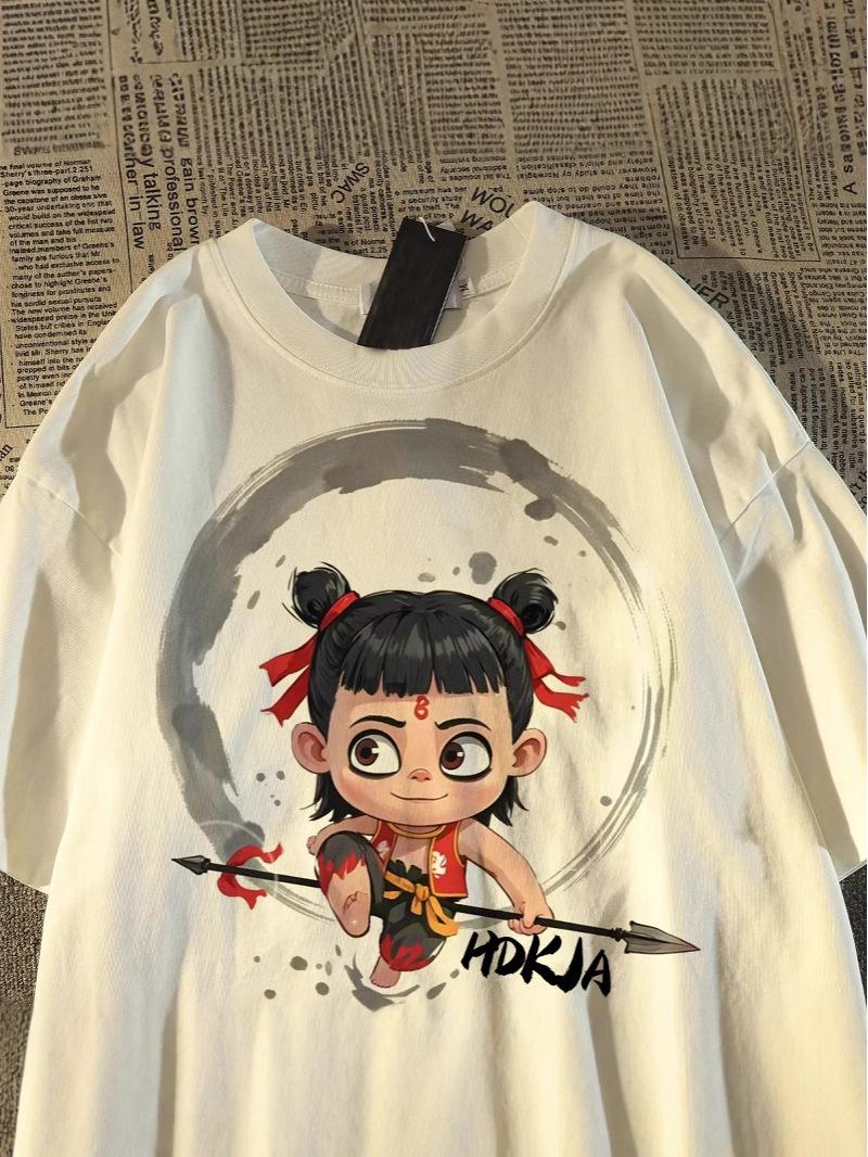 

Japanese Nezha Couple Short Sleeve T-Shirt 2025 - Unisex Cotton Crew Neck, Cool Street Style for Summer XXL абрикосовий