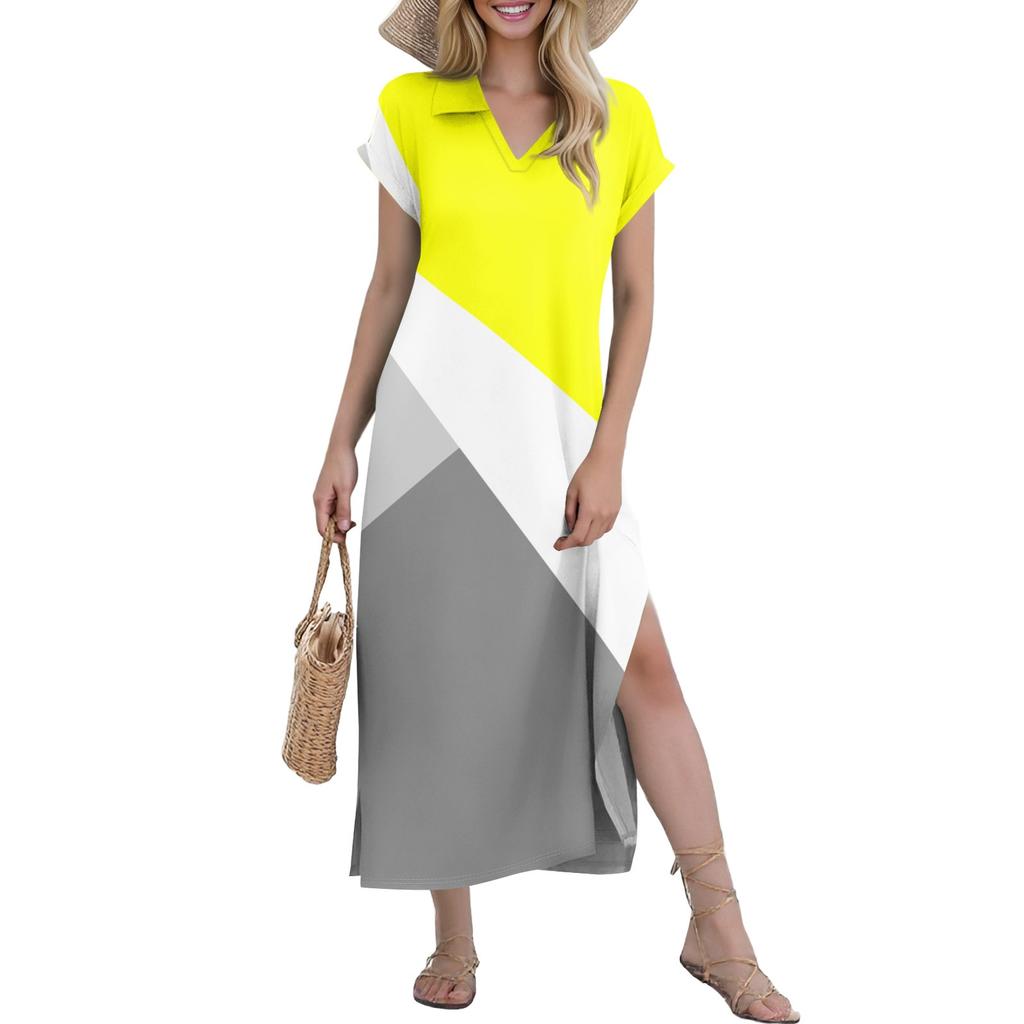 Women's Casual Comfortable V Neck Loose Hem Split Vacation Short Sleeve Geometric Long Dresses