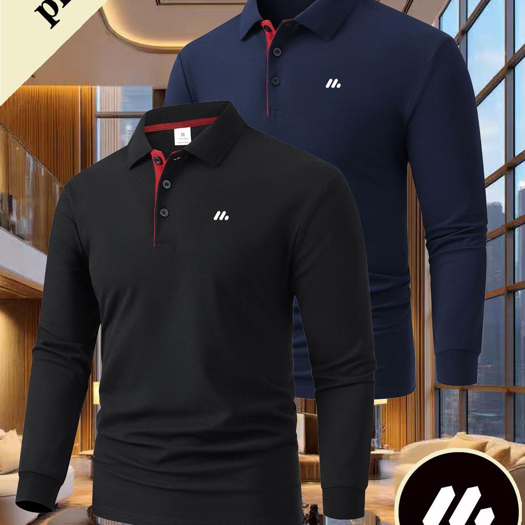 3 ks vysoce kvalitní pánská košile business casual, nová s dlouhým rukávem, prodyšné polo triko pro venkovní sporty jako golf, běh a hraní.