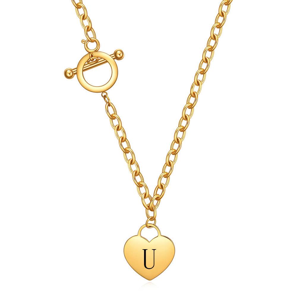 18K Gold Heart Shape Initial Necklace for Women - Titanium Steel Clavicle Chain