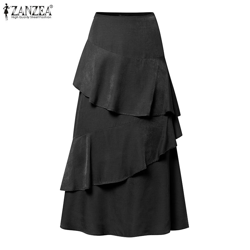 ZANZEA Womens Casual Solid Color Loose Ruffles Long Skirts