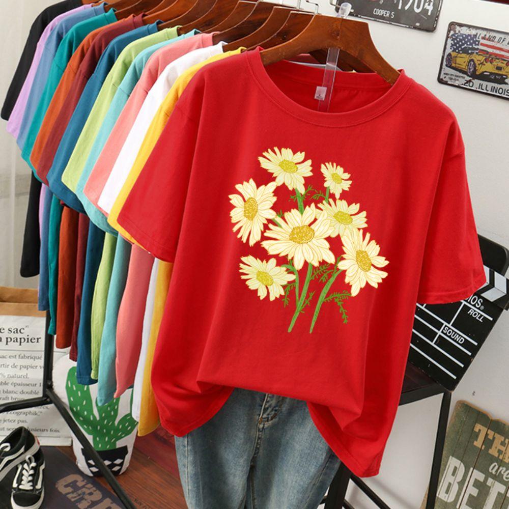 Street Baumwolle Damen T-Shirts Frisch Harajuku Gelbe Chrysanthemenblumen Drucke Oberteile Locker Rundhals Weiche T-Shirts Damenbekleidung