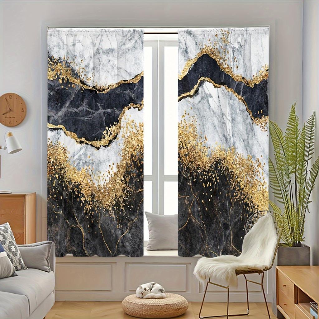 2pcs Marble Pattern Curtains Rod Pocket Decorative Window Drape Window Treatments For Bedroom Living Room Study Home Decoration