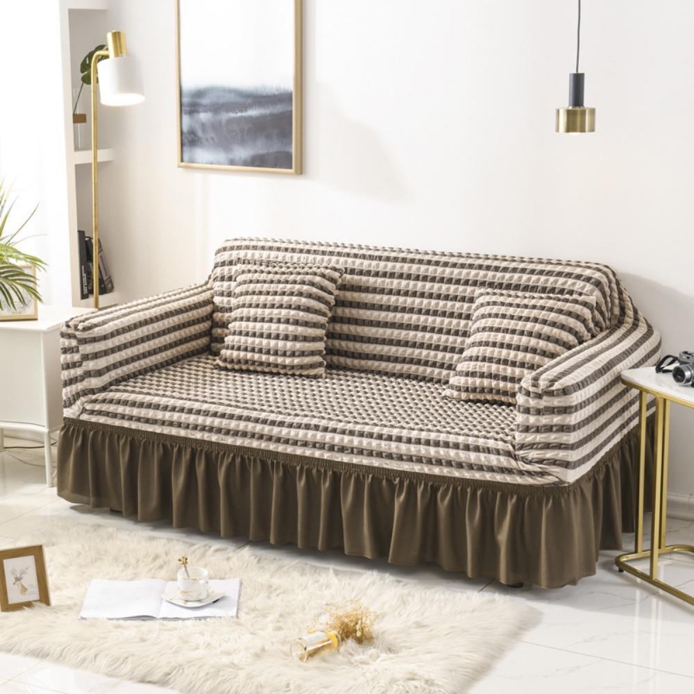 Lace Trim Sofa Protector Cover Solid Color Full Coverage Fabric Sofa Cover for All Seasons