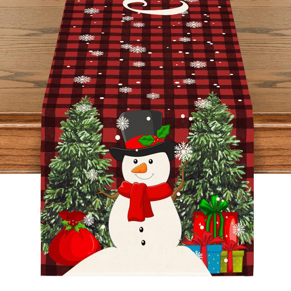 Bandera de Mesa Navideña de Lino con Estampados de Muñeco de Nieve y Papá Noel - Decoraciones Festivas para Mantel