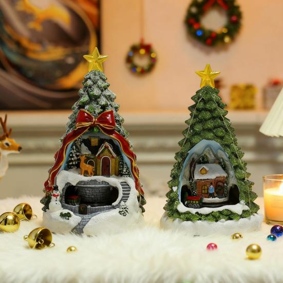 Sat de Crăciun cu Brad, Figurine Luminoase cu Trenul lui Moș Crăciun care se învârte, Cântă 8 Colinde, Decor Scenă de Iarnă Pictat Manual, Cadou pentru Prieteni