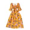 Tea Break French Vintage Dress Square Neck Flared Sleeve Tie Waist Women's Temperament Swing Long Dresses