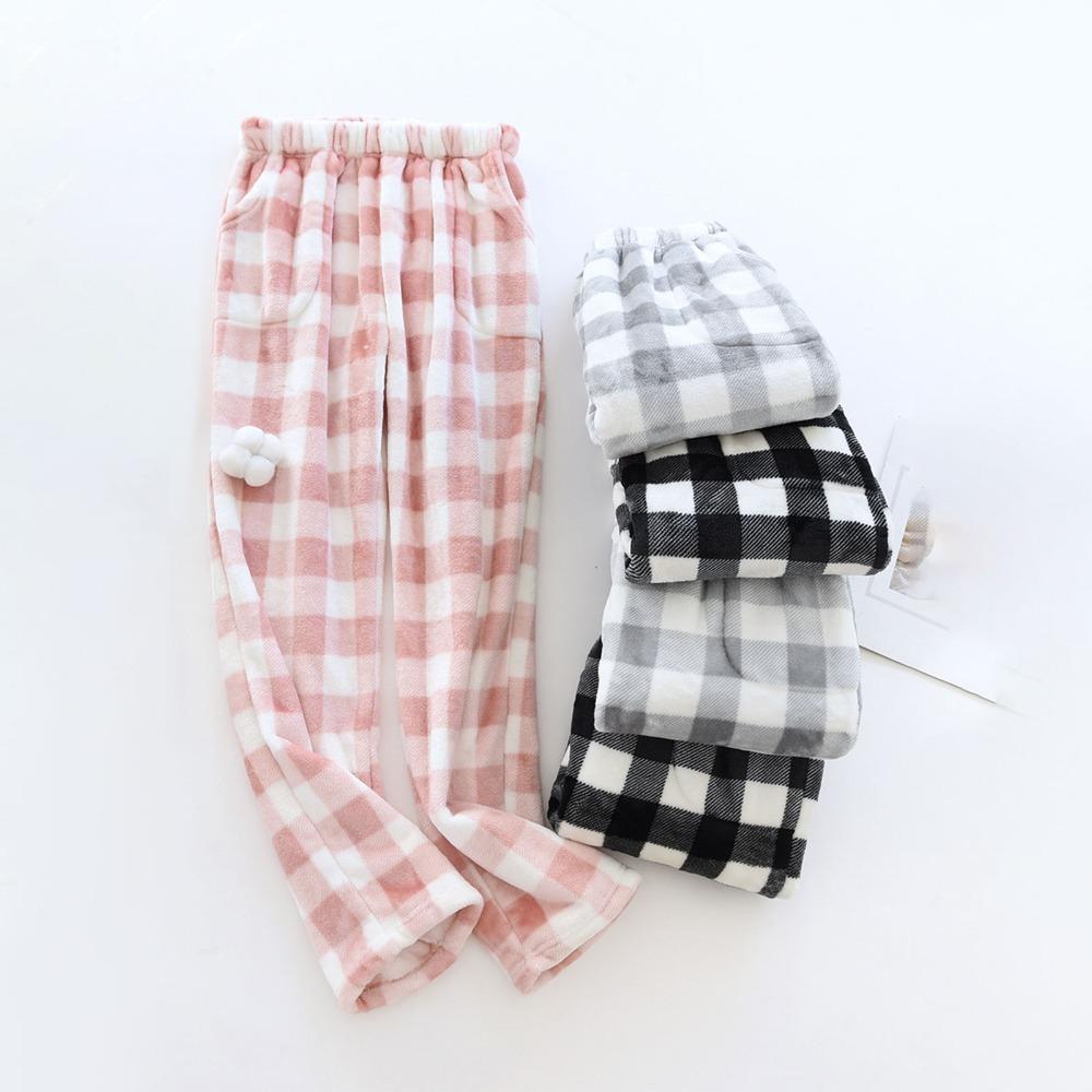 Women's Elastic Waist Plaid Fleece Pajama Pants Loose Fit Sleep Pants For Loungewear