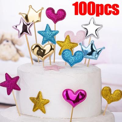 100pcs Colorful Cake Topper Crown Star Heart Happy Birthday Party Cake Decor Supplies Baby Shower Decoration Wedding Cupcake