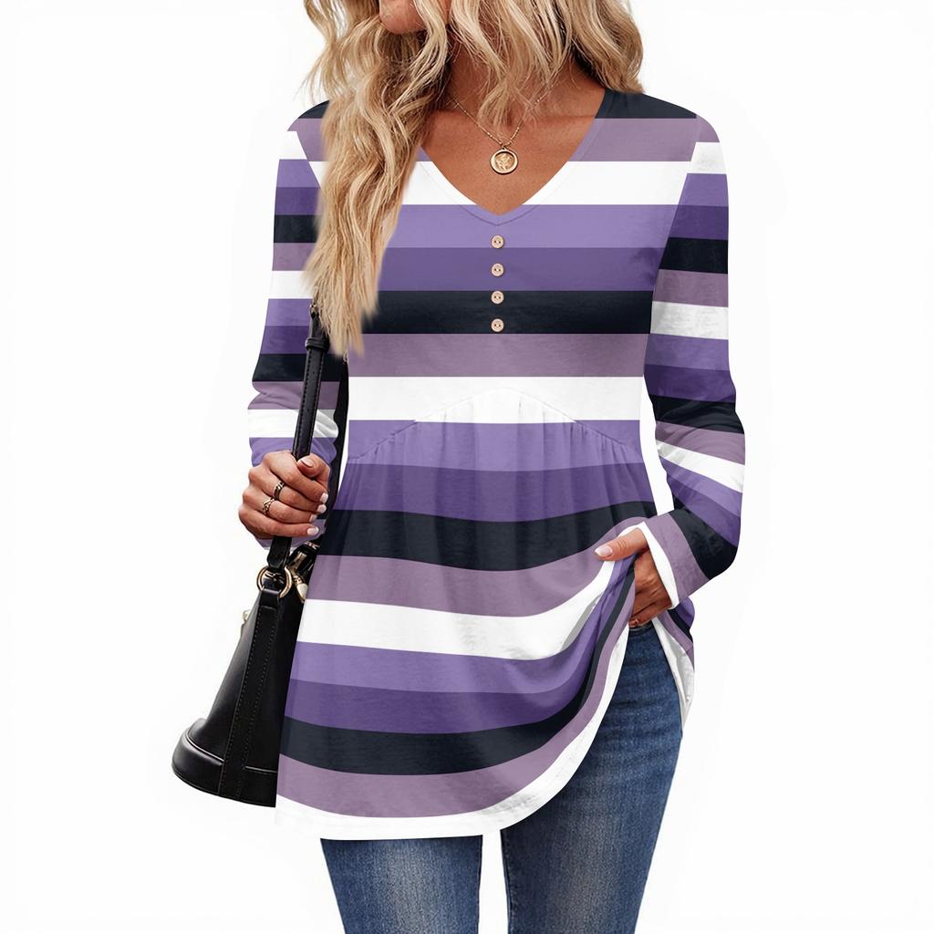 Women's Casual Fashion V-Neck Button Striped Long Sleeve Top