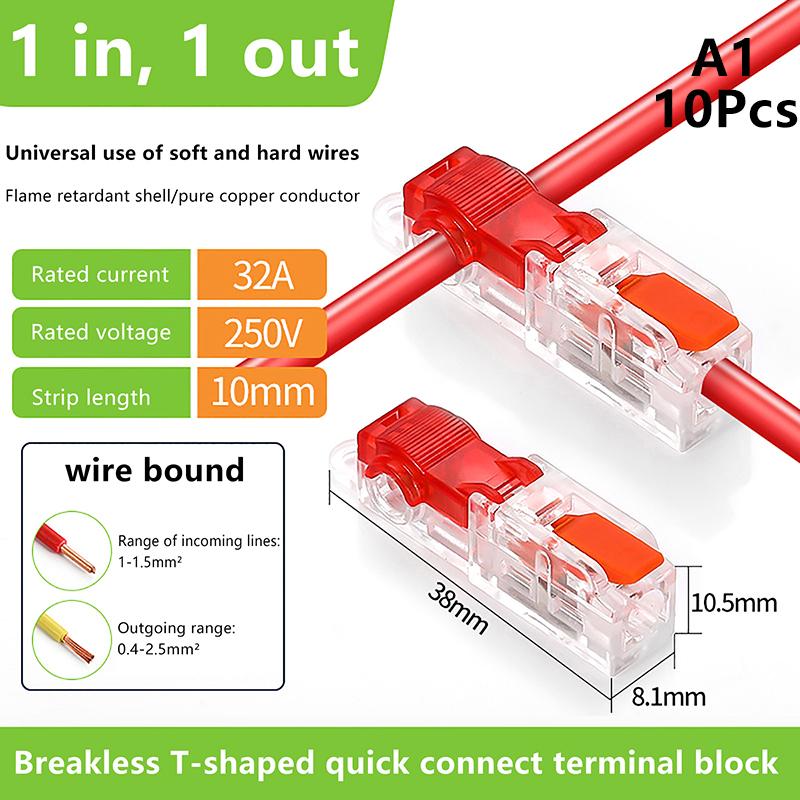 

10Pcs T-Type Stripping Free Wiring Connector With Fixing Hole Quick Branch Splice Junction Box Lever Wire Connector 32A A1