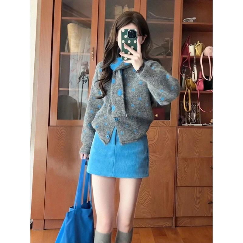 

2025 Autumn/Winter Korean Style Grey Knit Sweater with High-Waisted Skirt XL [115-125 lbs]