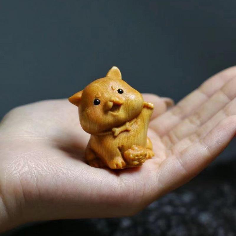 Chinese Zodiac Wood Carving: Radish Rabbit Pendant & Desktop Ornament