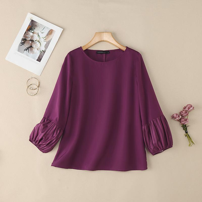 ZANZEA Women Casual Round Neck Loose Splice Long Sleeve Blouse