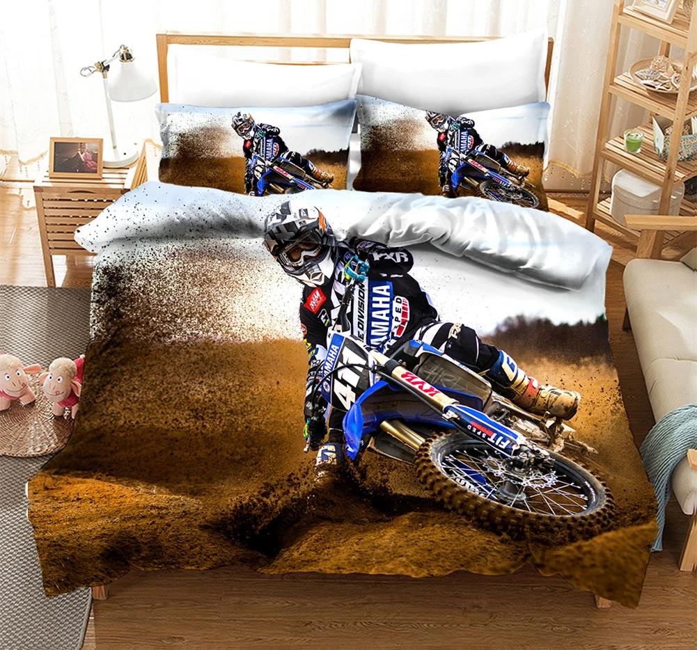 Motorrad Bettwäsche Set 3D Druck Autos Bettbezug mit Kissenbezug Motocross Tagesdecke Jungen Kinder Bettset King Size Heimtextilien